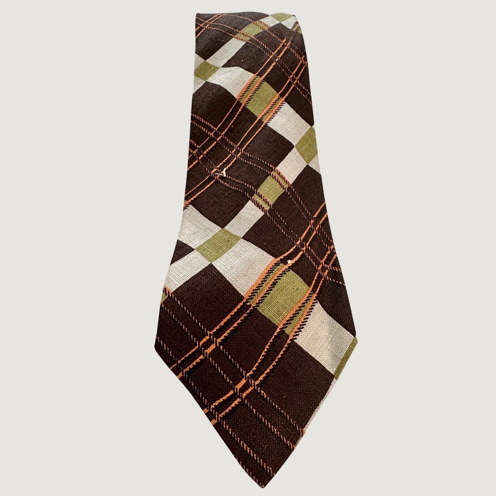 Principe New York Retro 70s Groovy Plaid Cotton Tie Brown Green Orange Wide